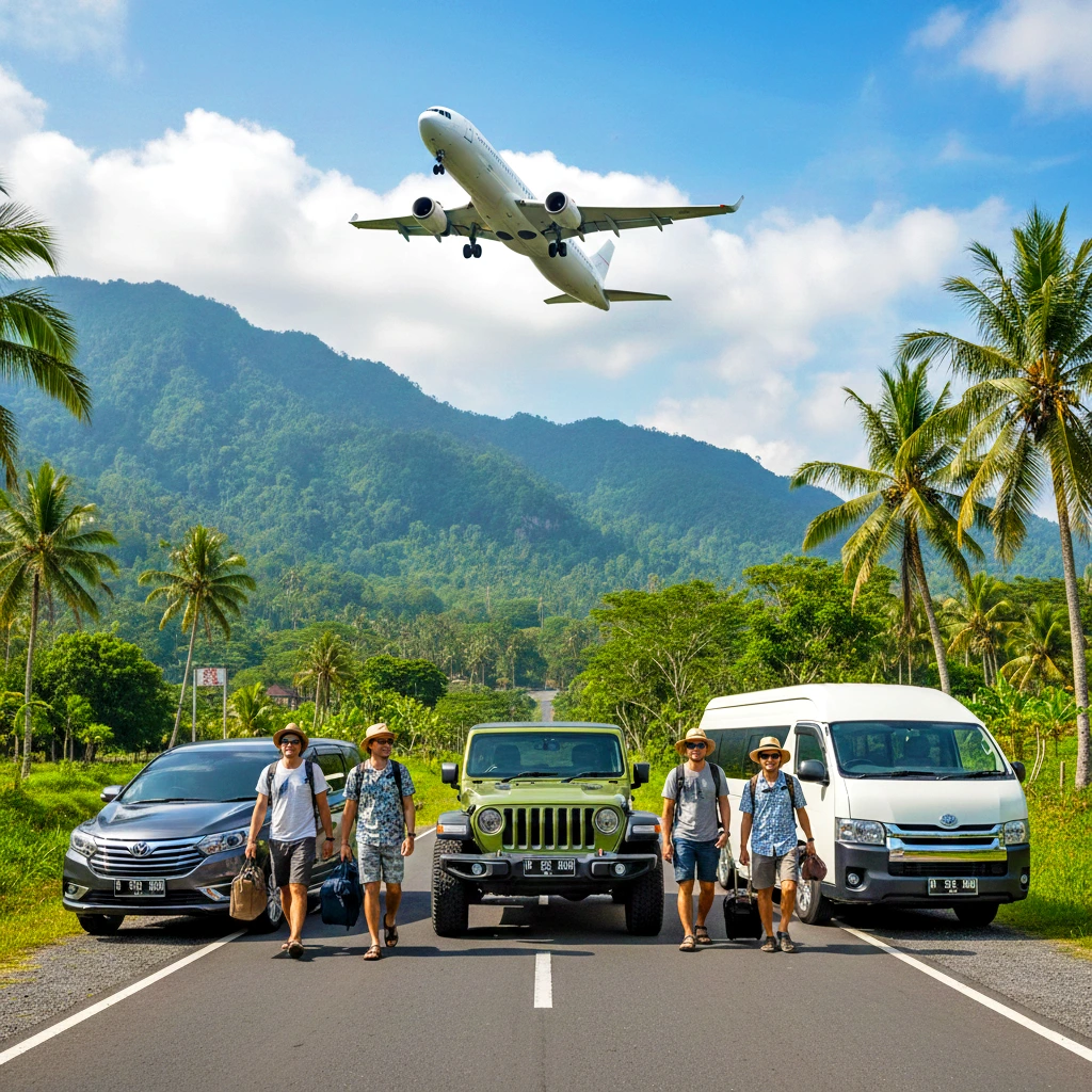 Wisatawan liburan di Bali dengan mobil sewaan dan latar belakang pemandangan gunung serta pesawat terbang.